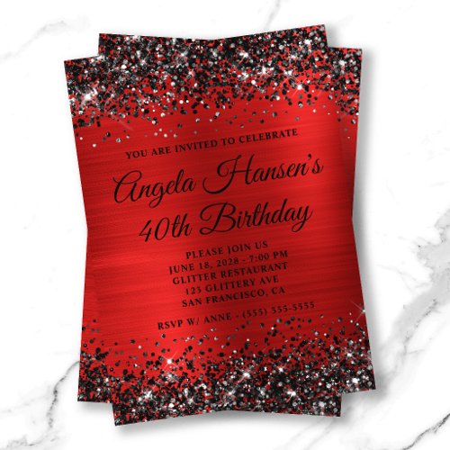 Black Glitter Red Foil Monogram 40th Birthday Invitation