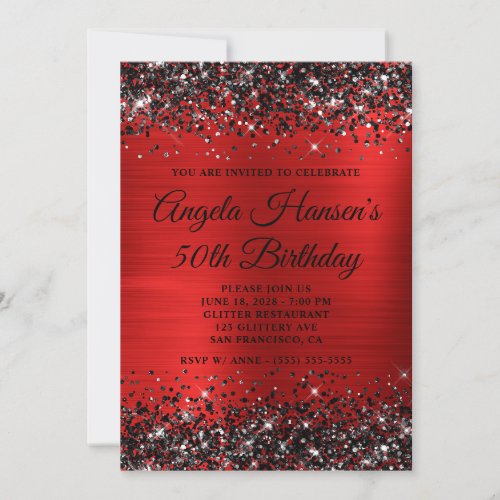 Black Glitter Red Foil Monogram 50th Birthday Invitation