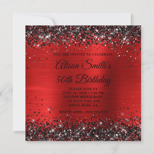 Black Glitter Red Foil Monogram 50th Birthday Invitation