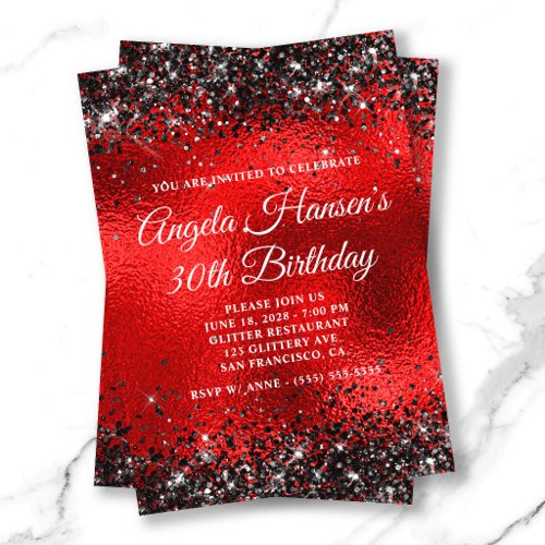 Black Glitter Red Glass Foil 30th Birthday Invitation