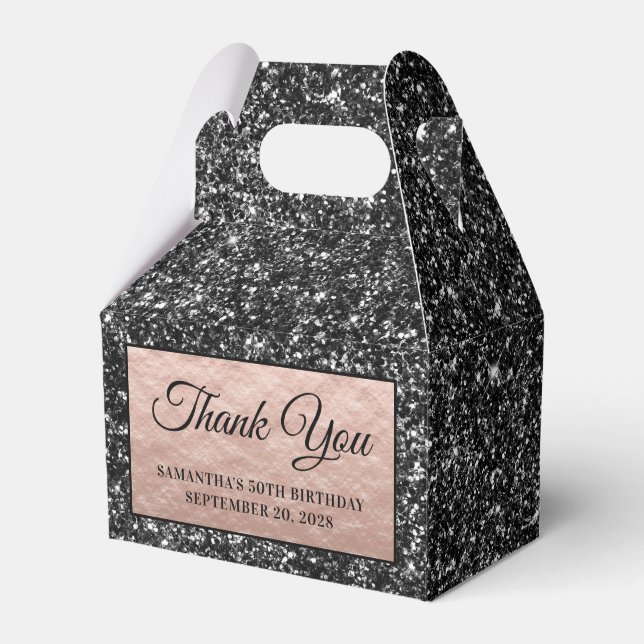 Black Glitter Rose Gold 50th Birthday Thank You Favor Boxes (Front Side)