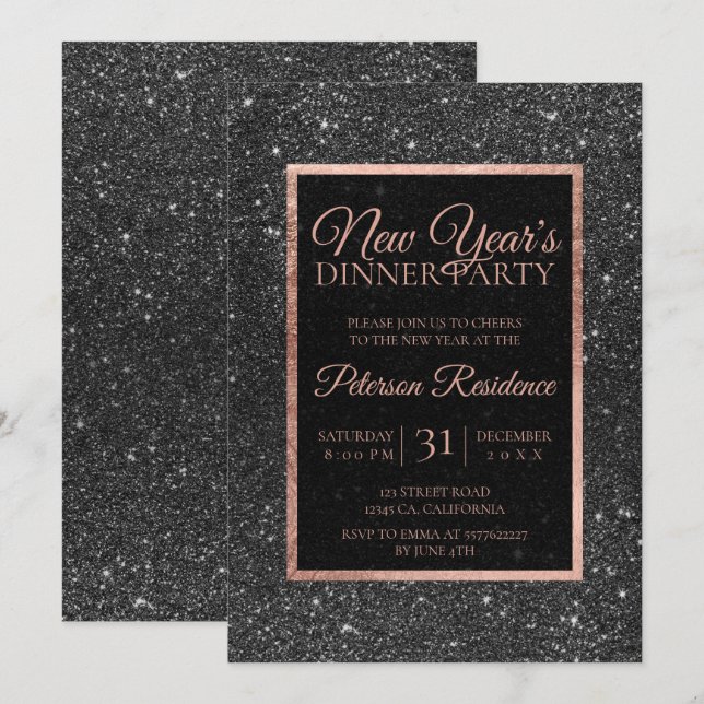 Black glitter rose gold elegant luxury New year Invitation (Front/Back)