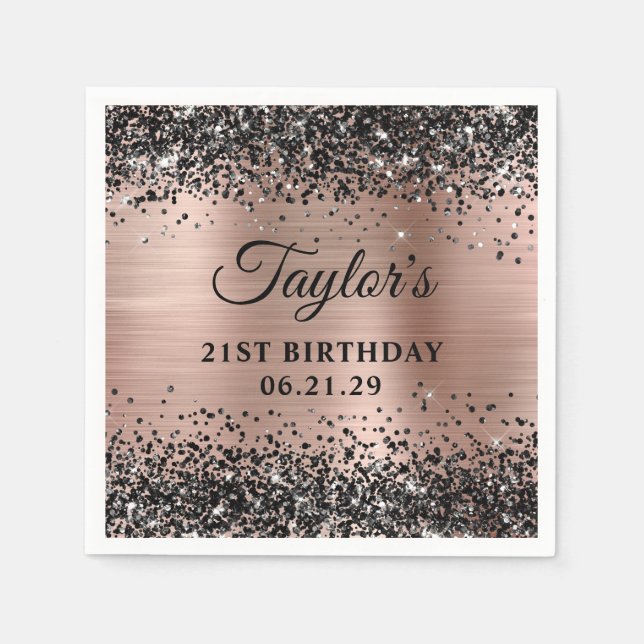 Black Glitter Rose Gold Foil 21st Birthday Napkins (Front)