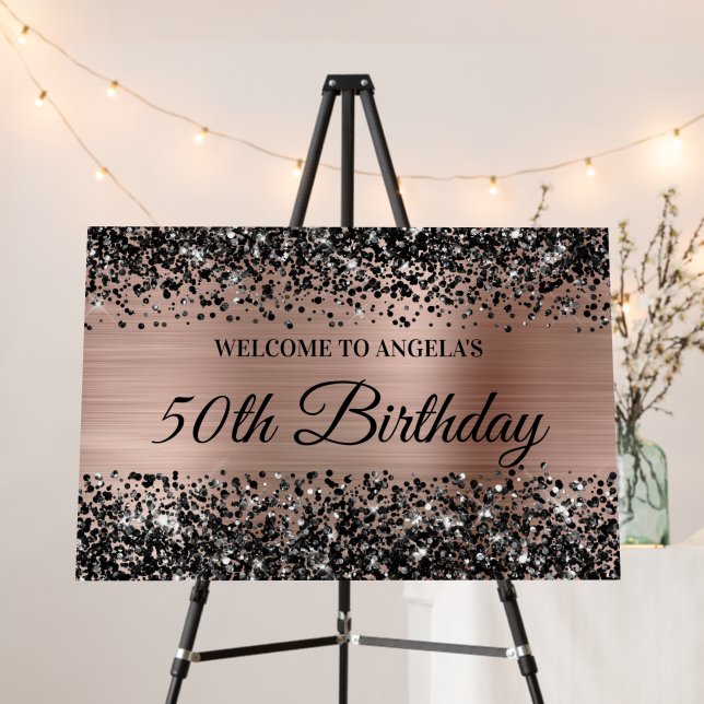 Black Glitter Rose Gold Foil 50th Birthday Welcome Foam Board (In Situ (Stand))