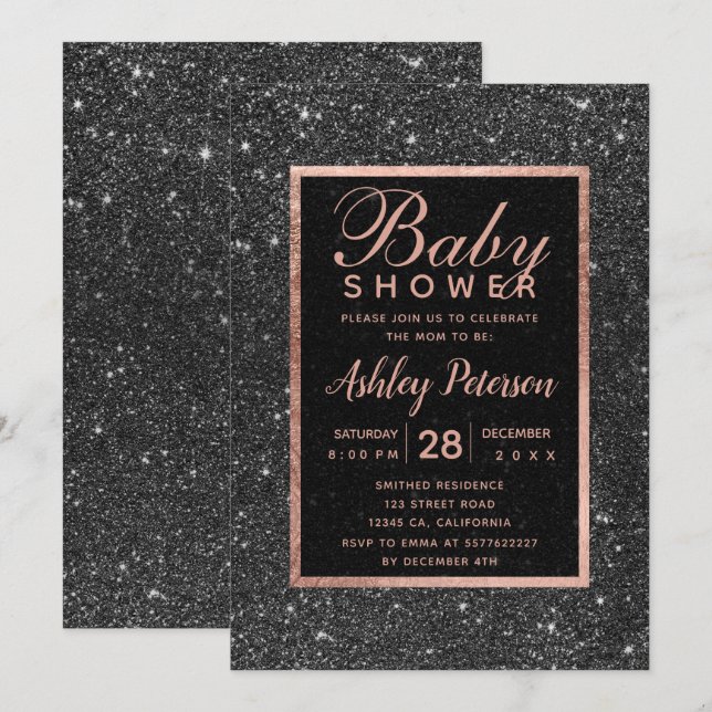 Black glitter rose gold typography baby shower invitation (Front/Back)