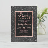 Black glitter rose gold typography baby shower invitation (Standing Front)