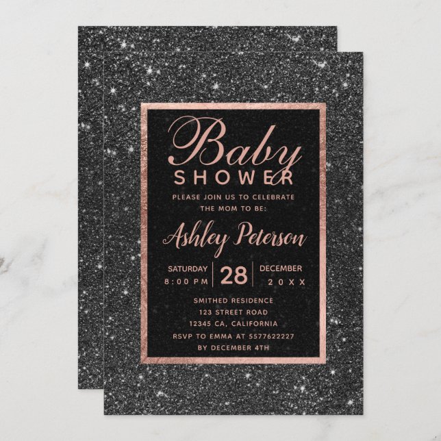 Black glitter rose gold typography baby shower invitation (Front/Back)