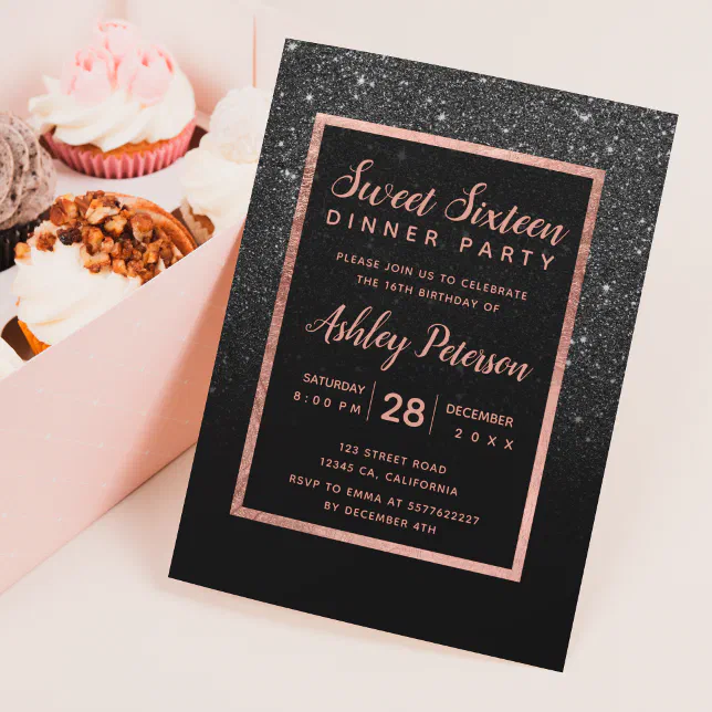 Black Glitter Rose Gold Typography Sweet 16 Invitation 