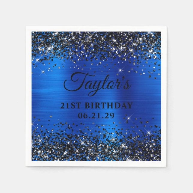 Black Glitter Royal Blue Foil 21st Birthday Napkins (Front)