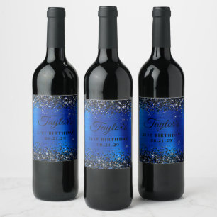 Black Glitter Royal Blue Foil 21st Birthday Wine Label