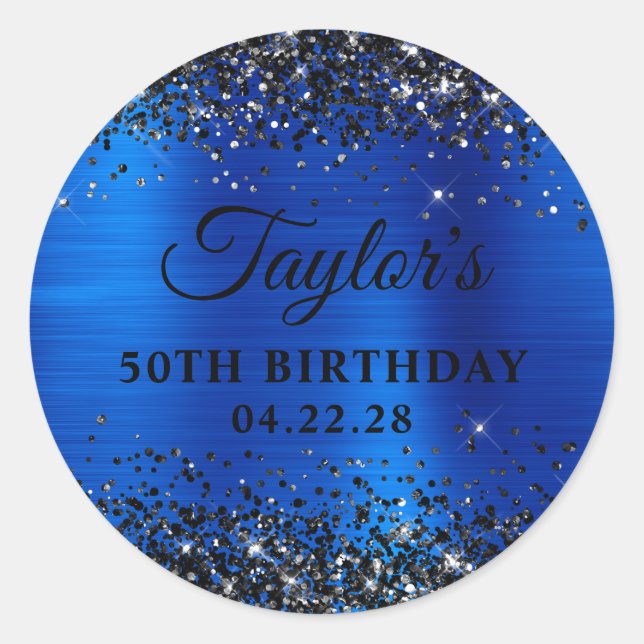 Black Glitter Royal Blue Foil 50th Birthday Classic Round Sticker (Front)