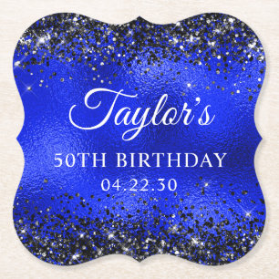 Black Glitter Royal Blue Glass Foil 50th Birthday Paper Coaster