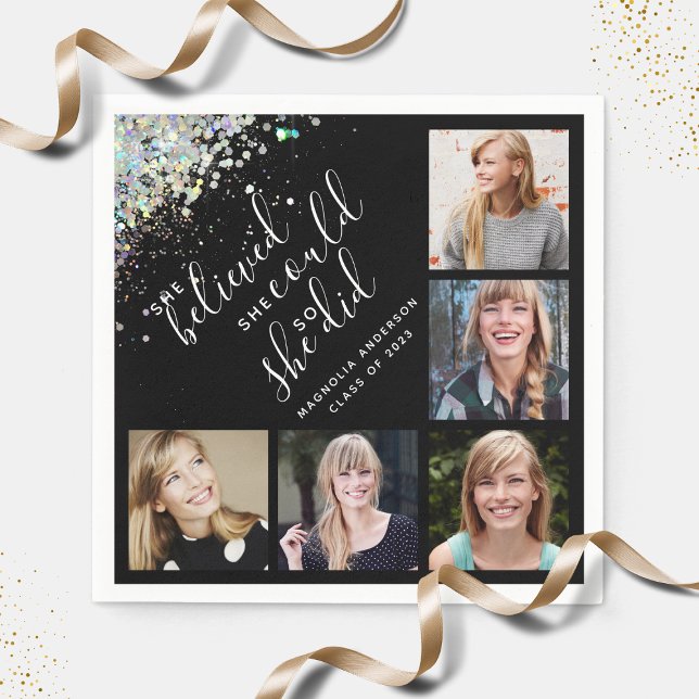 Black Glitter She Believed Photo Graduation Napkins (Creator Uploaded)