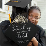 Black Glitter She Believed She Could Custom Graduation Cap Topper<br><div class="desc">Personalize this black glitter design with the grad's name and class year. The typography says She Believed She Could So She Did **PLEASE READ BEFORE ORDERING** If you make changes to the shape or size or choose another product and the design is cropped in any way or doesn't look right...</div>