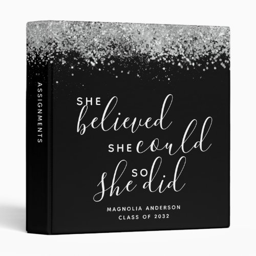 Black Glitter She Believed She Could Graduation 3 Ring Binder