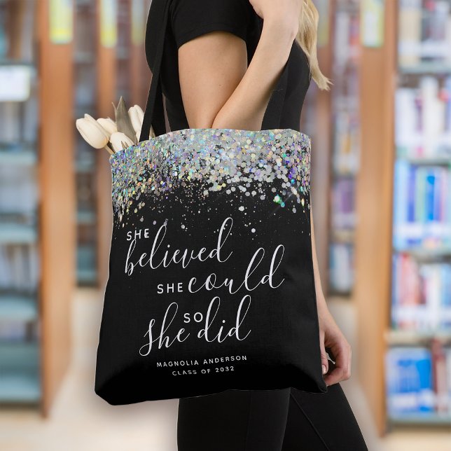 Black Glitter She Believed She Could Graduation Tote Bag (Creator Uploaded)