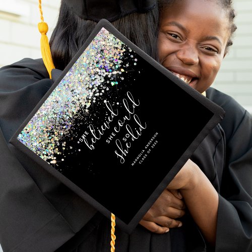 Black Glitter She Believed She Could Name Graduation Cap Topper