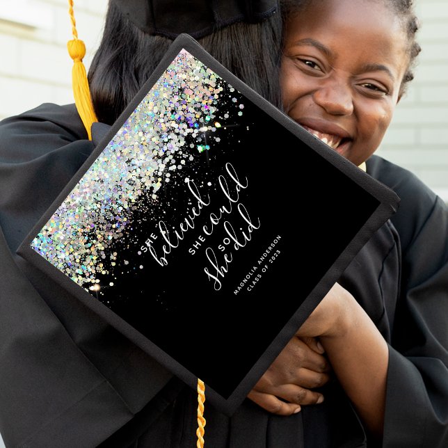 Black Glitter She Believed She Could Name Graduation Cap Topper (Creator Uploaded)