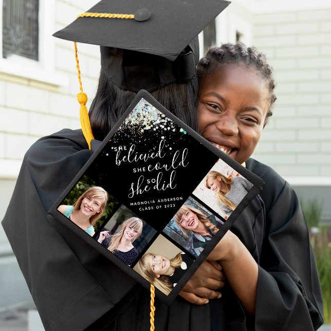 Black Glitter She Believed She Could Photo Collage Graduation Cap Topper (Creator Uploaded)