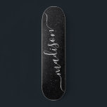 Black Glitter Shimmer Custom Personalized Name Skateboard<br><div class="desc">Black Glitter Shimmer Custom Personalized Name Skateboard features a modern Black glitter shimmer with your personalised name in the center. Designed by ©Evco Studio www.zazzle.com/store/evcostudio</div>