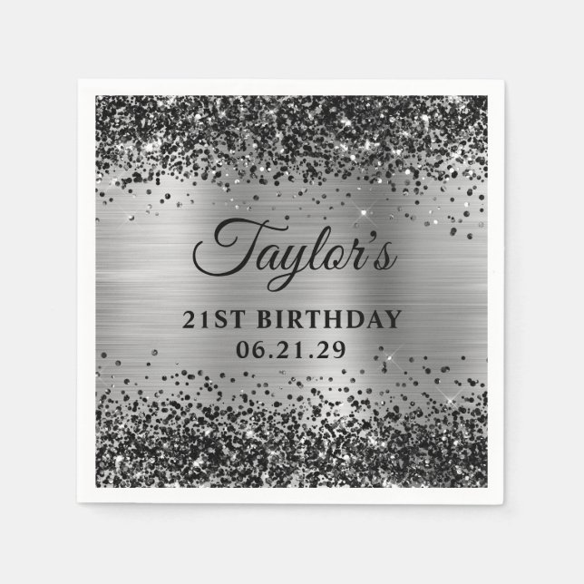 Black Glitter Silver Foil 21st Birthday Napkins (Front)