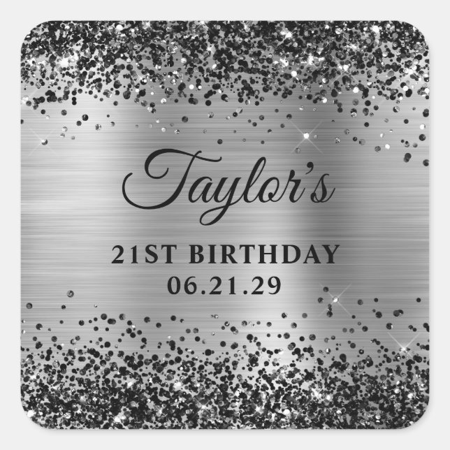 Black Glitter Silver Foil 21st Birthday Square Sticker (Front)
