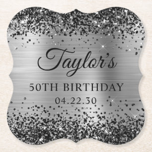 Black Glitter Silver Foil 50th Birthday Paper Coaster