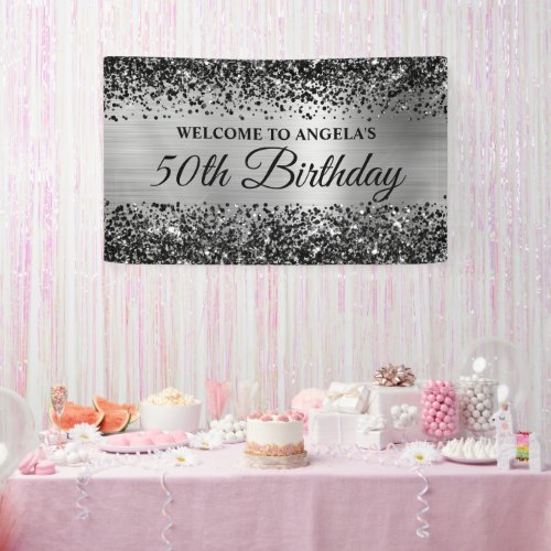 Black Glitter Silver Foil 50th Birthday Welcome Banner