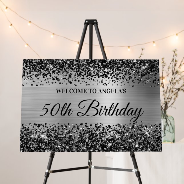 Black Glitter Silver Foil 50th Birthday Welcome Foam Board (In Situ (Stand))