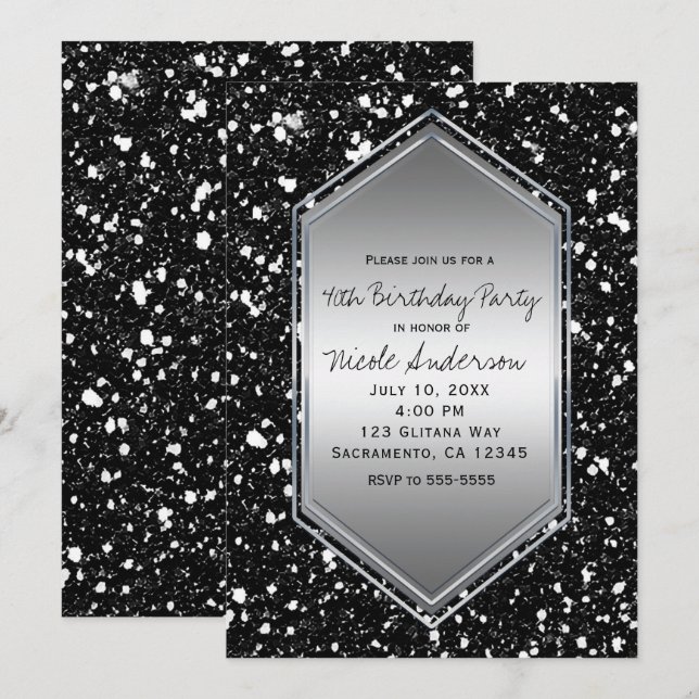 Black Glitter Silver Glam Birthday Party Any Event Invitation (Front/Back)