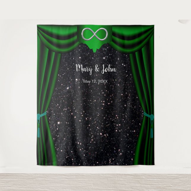 Black Glitter Silver Infinity Green Curtain Tapestry (Front)