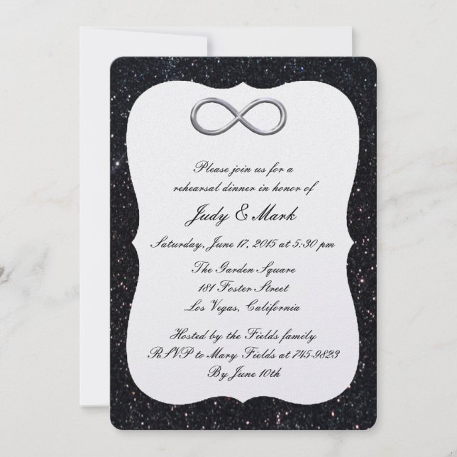 Black Glitter Silver Infinity Rehearsal Dinner Invitation (Front)