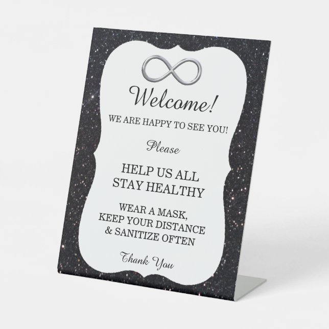 Black Glitter Silver Infinity Wedding Safety  Pedestal Sign (Front)