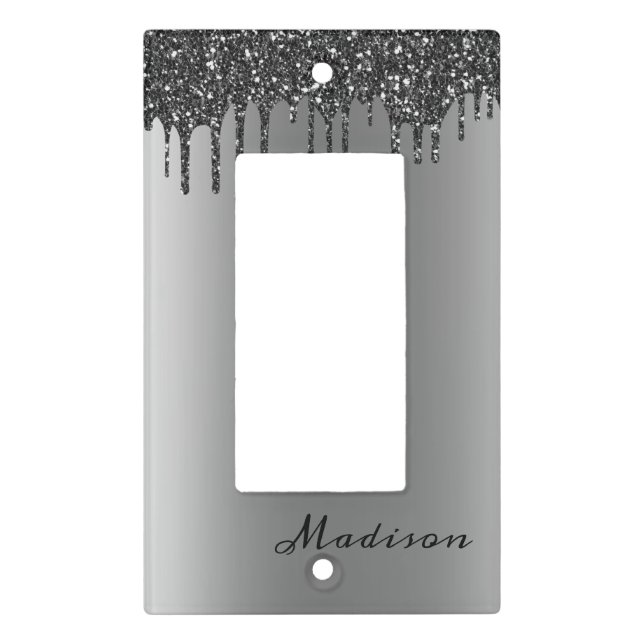 Black Glitter Silver Personalized Drips Pretty Light Switch Cover (Front)