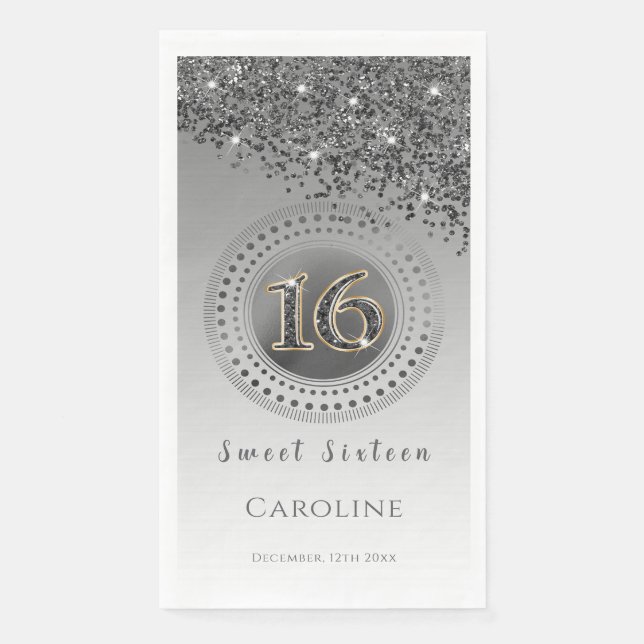 Black Glitter & Silver Sweet 16 Monogrammed   Paper Guest Towels (Front)