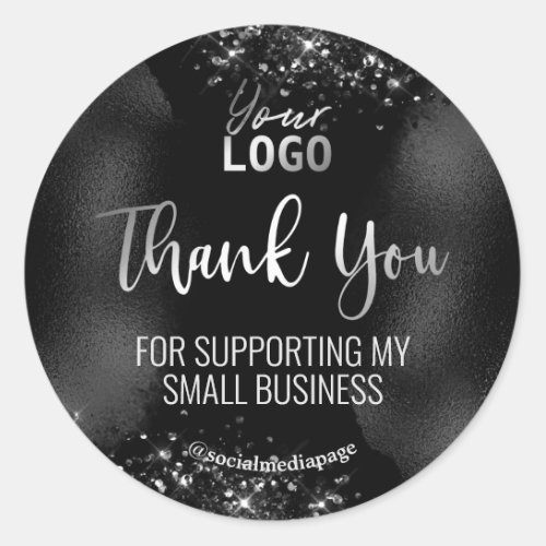 Black Glitter Silver Thank You For Purchase Logo Classic Round Sticker