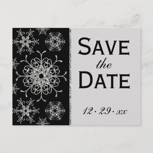 Black Glitter Snowflakes Save the Date Postcard (Front)