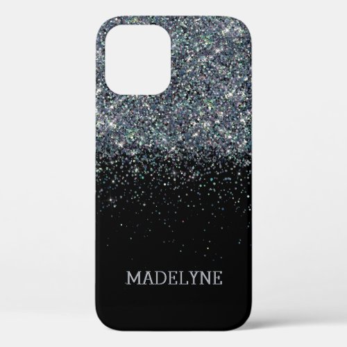 Black Glitter Sparkle Girly Personalized Name iPhone 12 Case
