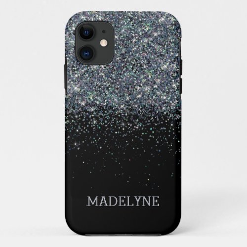 Black Glitter Sparkle Girly Personalized Name iPhone 11 Case