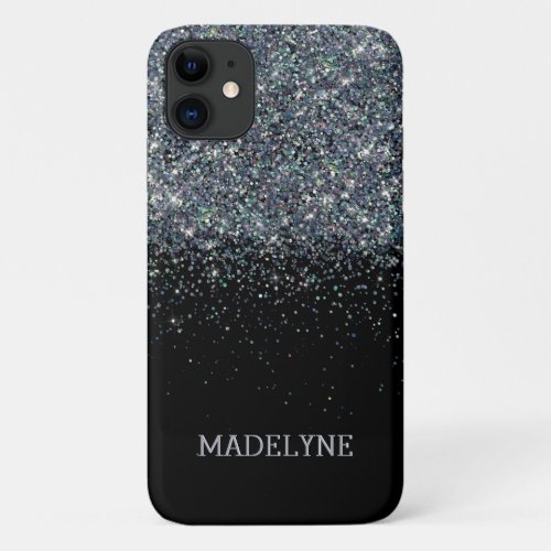 Black Glitter Sparkle Girly Personalized Name iPhone 11 Case