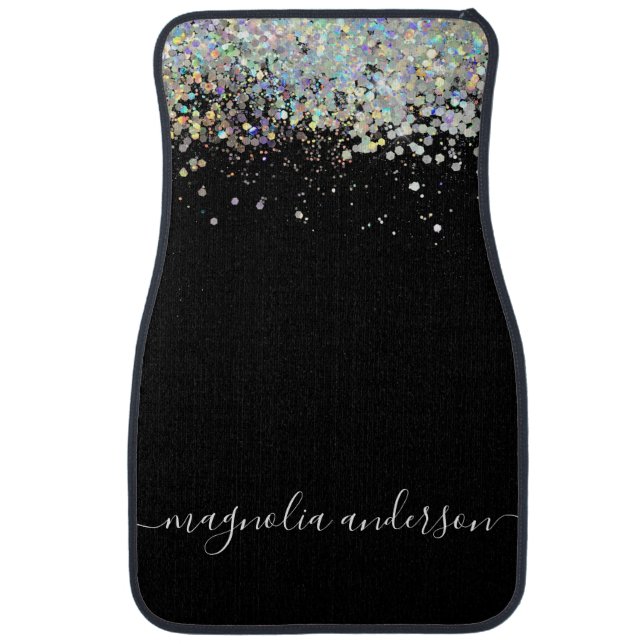 Black Glitter Sparkle Monogram Car Floor Mat (Front)