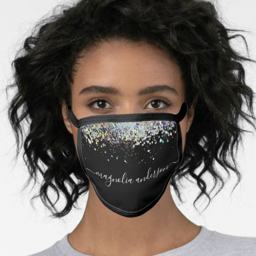Black Glitter Sparkle Monogram  Face Mask