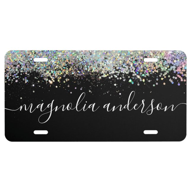 Black Glitter Sparkle Monogram  License Plate (Front)
