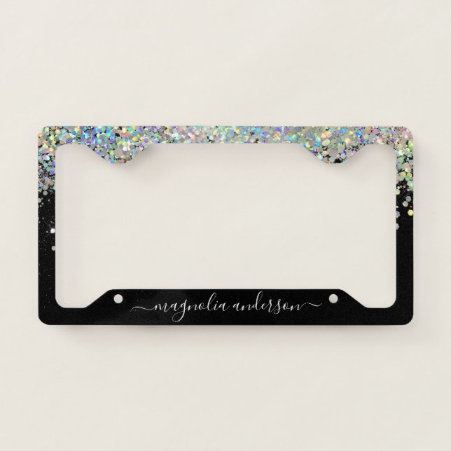 Black Glitter Sparkle Monogram  License Plate Frame (Front)