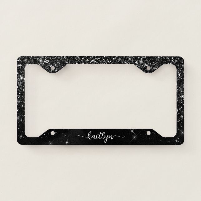 Black Glitter Sparkle Script Monogram License Plate Frame (Front)