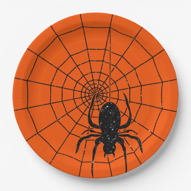 Black Glitter Spiderweb Halloween Paper Plates (Front)