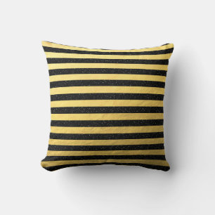 Black Glitter Stripes on Gold Foil Throw Pillow