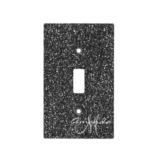Black Glitter Stylish Monogram Personalized Light Switch Cover (Front)
