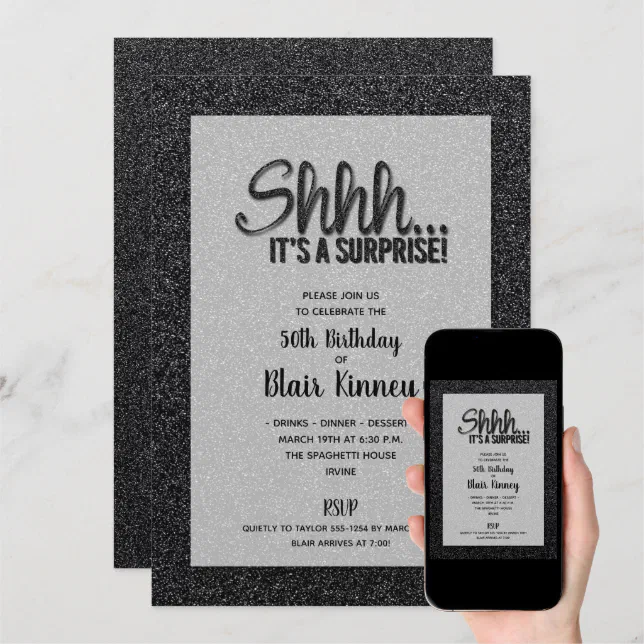 Black Glitter Surprise Birthday Invitation Zazzle