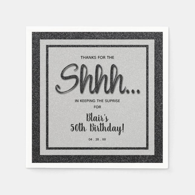 Black Glitter SURPRISE Birthday Party Napkins (Front)